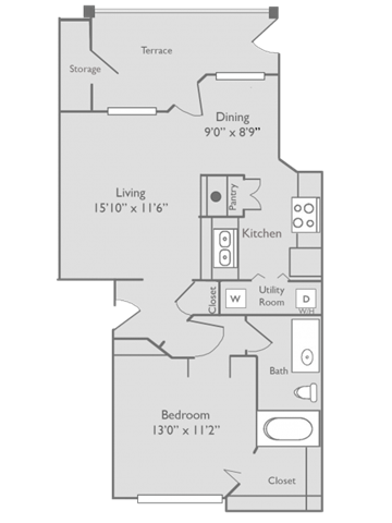 Floor plan for 1 bed, 1 bath, 738 sqft